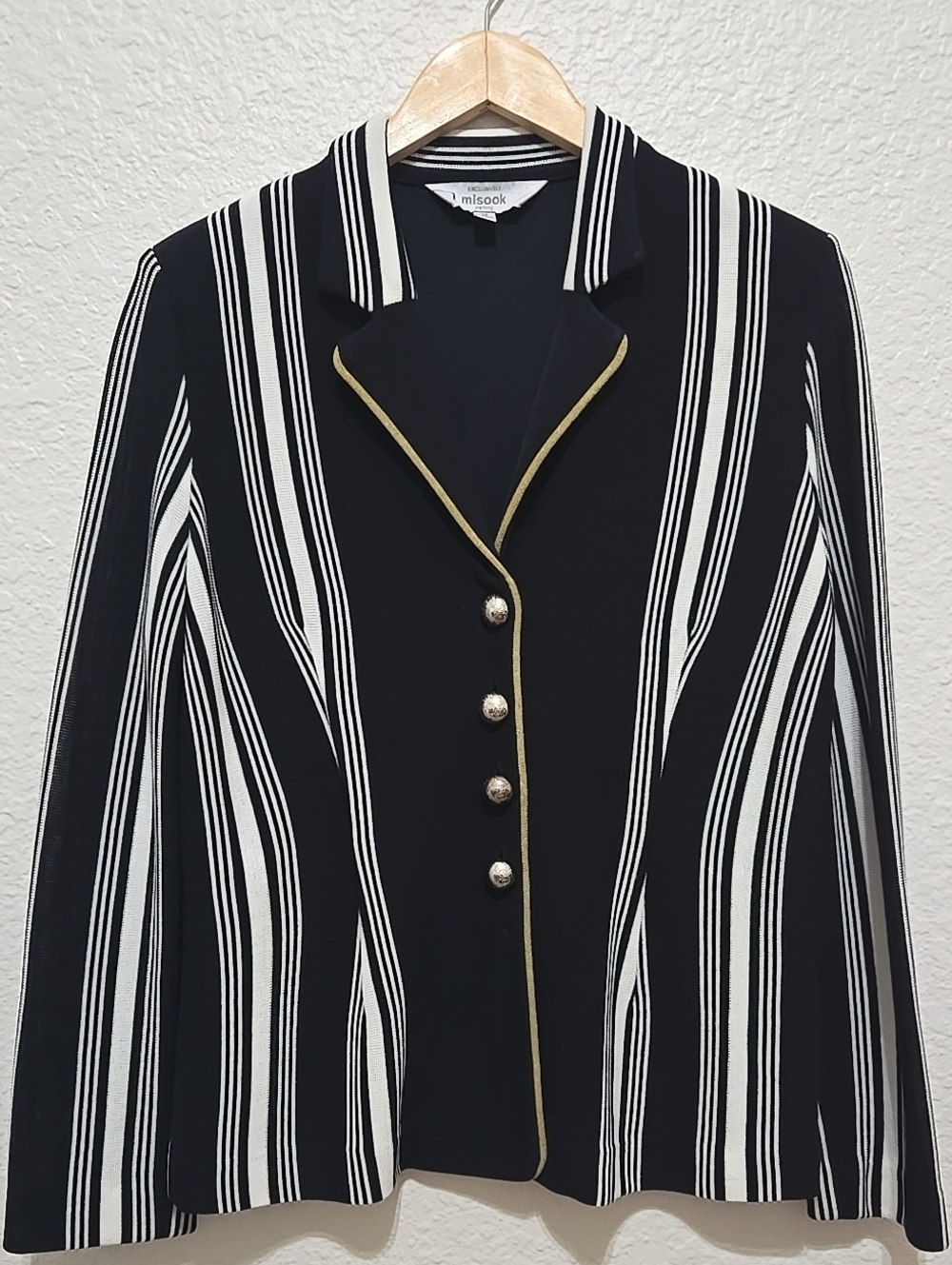 Misook Black White Striped Blazer with Gold Piping